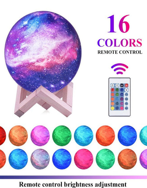 Load image into Gallery viewer, Galaxy Light Lamp, 3D Printed LED 16 Colors RGB Galaxy Lamp, Remote &amp; Touch Control, Dimmable, Color Changing, USB Recharge, Seamless Ambient Night Light Lamp with Wood Stand for Baby Bedrooms
