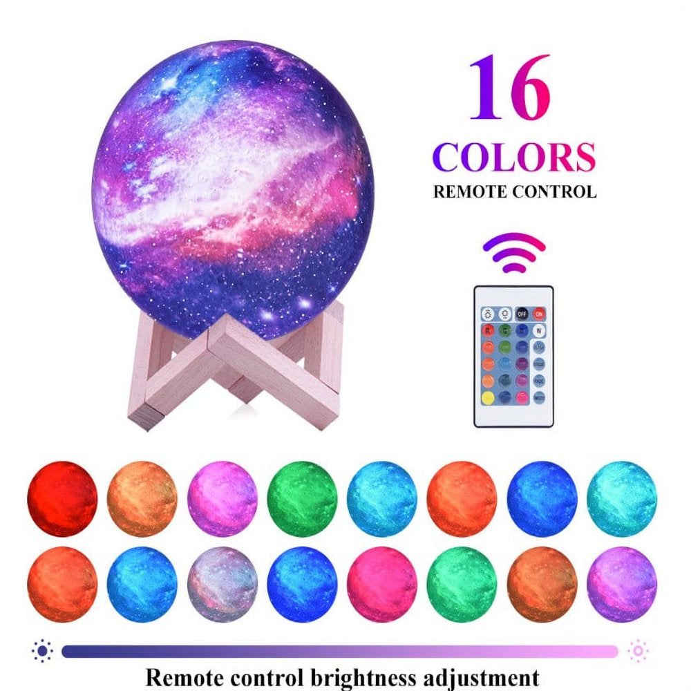 Galaxy Light Lamp, 3D Printed LED 16 Colors RGB Galaxy Lamp, Remote & Touch Control, Dimmable, Color Changing, USB Recharge, Seamless Ambient Night Light Lamp with Wood Stand for Baby Bedrooms