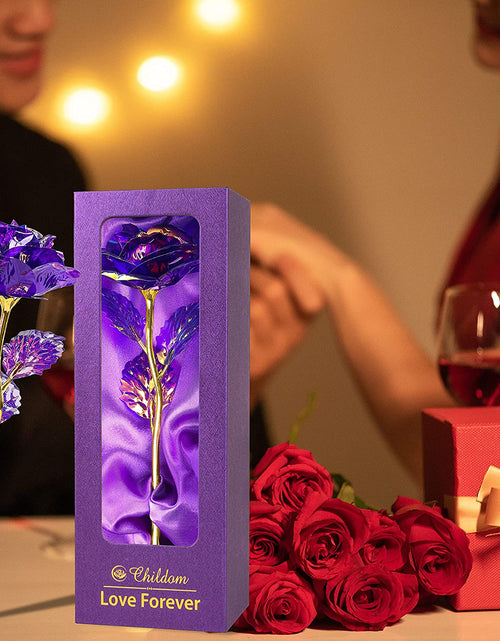 Load image into Gallery viewer, Purple Colorful Rose Flower Present Golden Foil with Luxury Gift Box Great Gift Idea for Valentine&#39;S Day, Mother&#39;S Day, Thanksgiving Day, Christmas, Birthday, Anniversary
