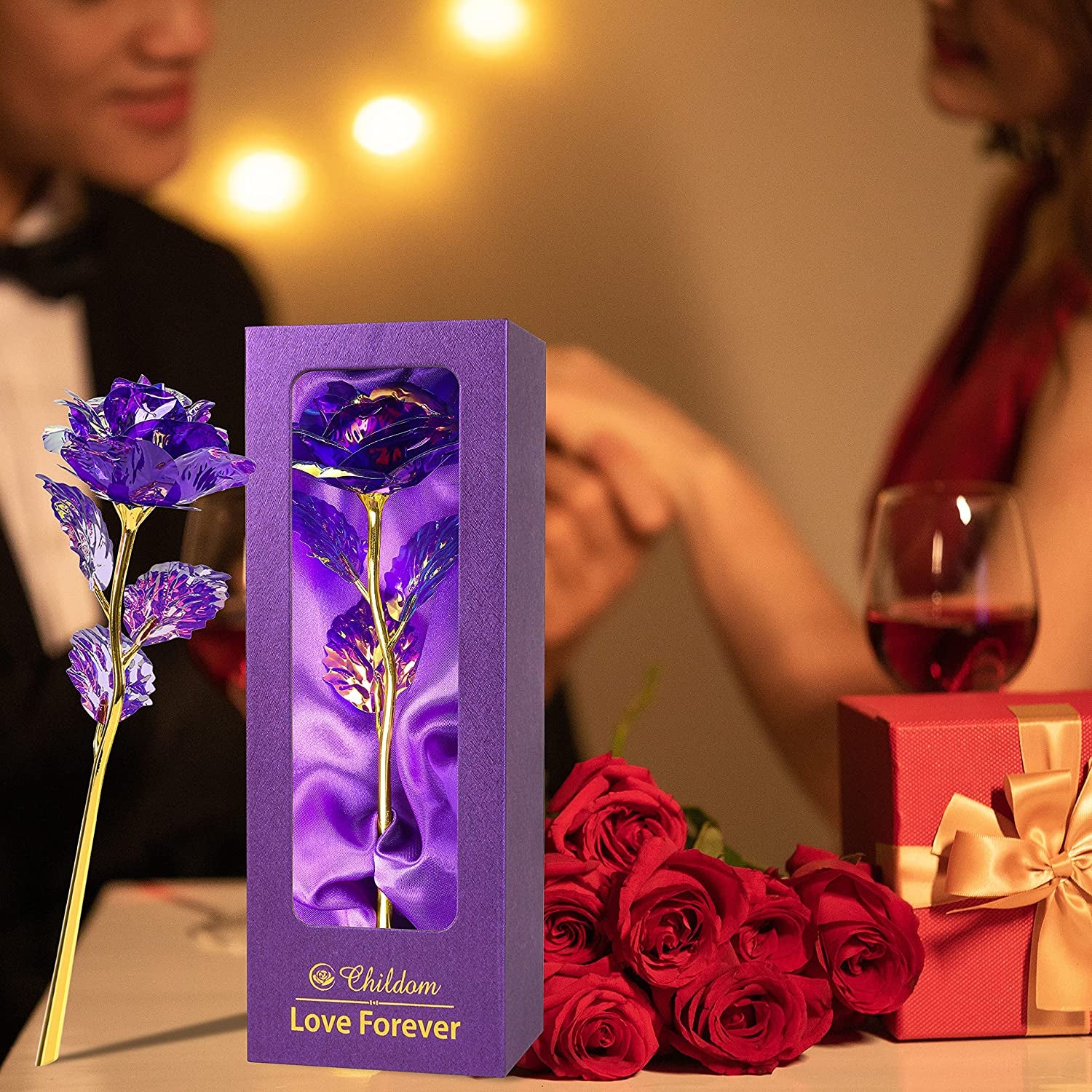 Purple Colorful Rose Flower Present Golden Foil with Luxury Gift Box Great Gift Idea for Valentine'S Day, Mother'S Day, Thanksgiving Day, Christmas, Birthday, Anniversary