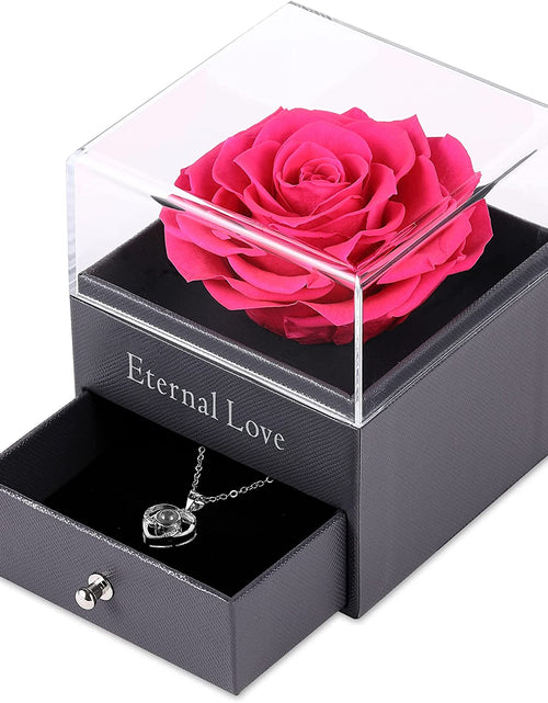 Load image into Gallery viewer, Mothers Day Flower Gifts for Her, Preserved Real Flower Rose with Silver-Tone Heart Necklace I Love You in 100 Languages Gift Set, Enchanted Flower Rose Gifts, Hot Pink
