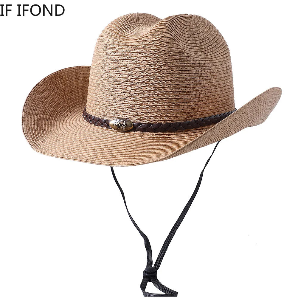 56-58-60CM Big Size Straw Western Cowboy Hat for Men Summer Curling Brim Beach Sun Hats Panama Cowgirl Hats Sombreros De Vaquero