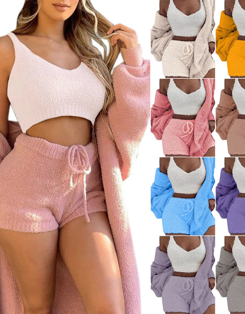 Load image into Gallery viewer, 3Pcs Womens Clothing Long Sleeve Crop Tank Top and Drawstring Shorts Pajama Set
