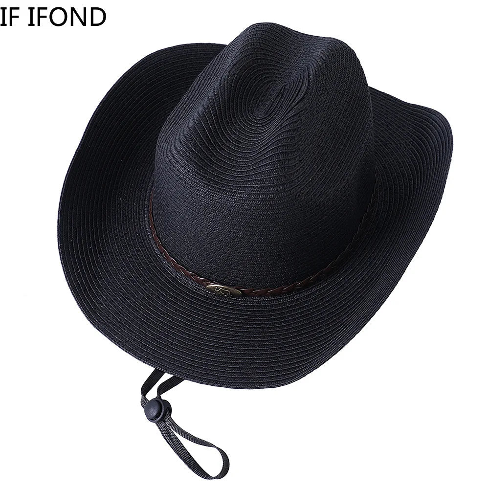 56-58-60CM Big Size Straw Western Cowboy Hat for Men Summer Curling Brim Beach Sun Hats Panama Cowgirl Hats Sombreros De Vaquero