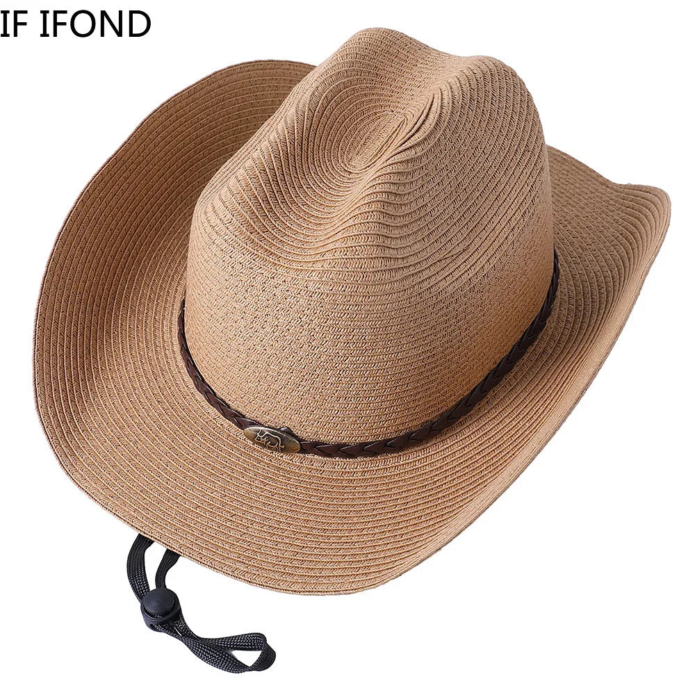 56-58-60CM Big Size Straw Western Cowboy Hat for Men Summer Curling Brim Beach Sun Hats Panama Cowgirl Hats Sombreros De Vaquero