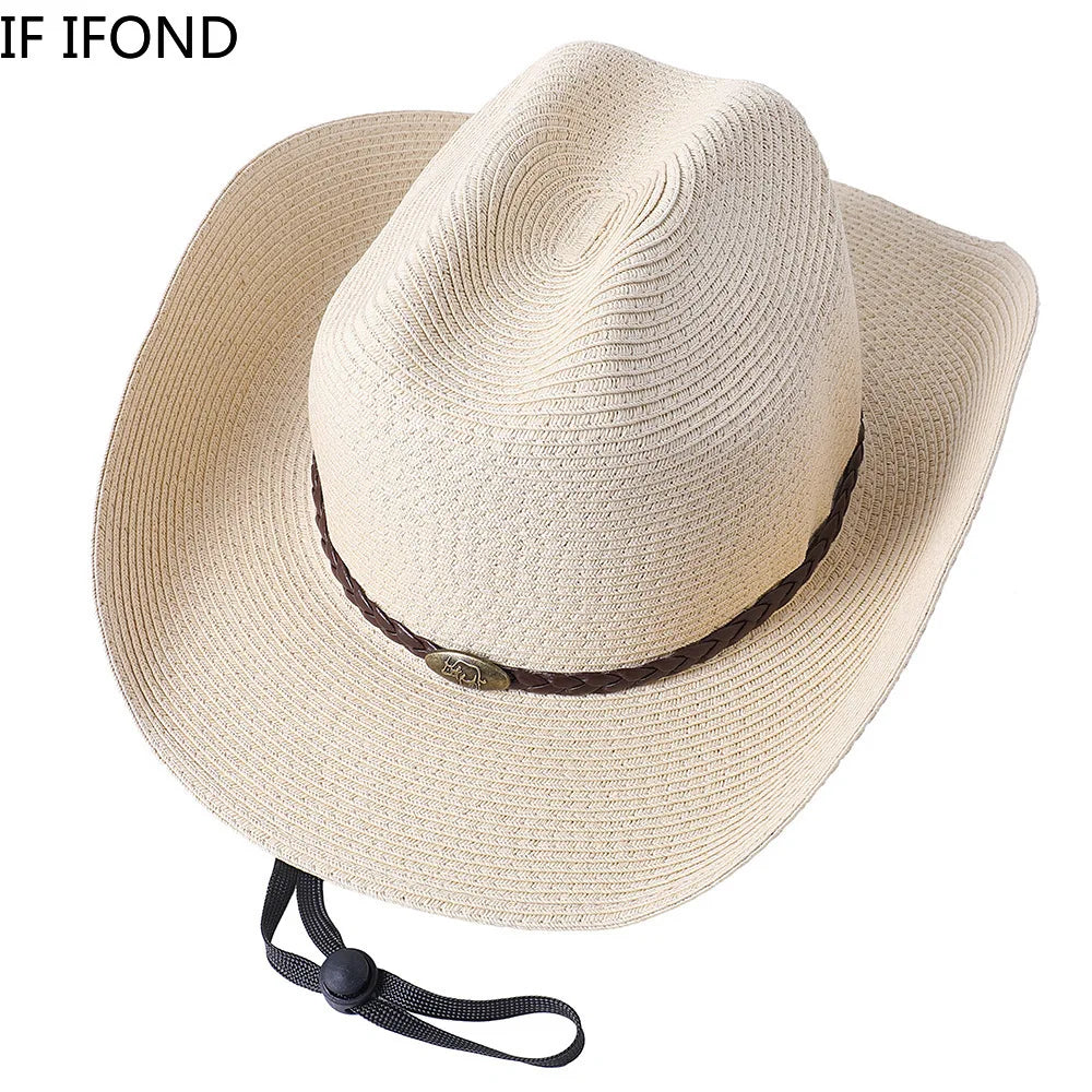 56-58-60CM Big Size Straw Western Cowboy Hat for Men Summer Curling Brim Beach Sun Hats Panama Cowgirl Hats Sombreros De Vaquero