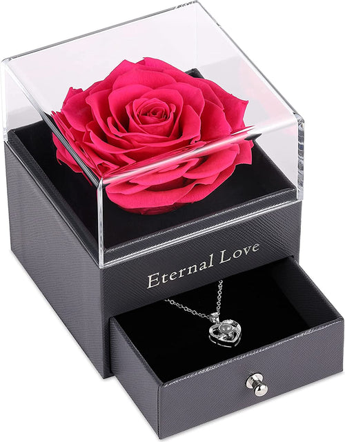 Load image into Gallery viewer, Mothers Day Flower Gifts for Her, Preserved Real Flower Rose with Silver-Tone Heart Necklace I Love You in 100 Languages Gift Set, Enchanted Flower Rose Gifts, Hot Pink
