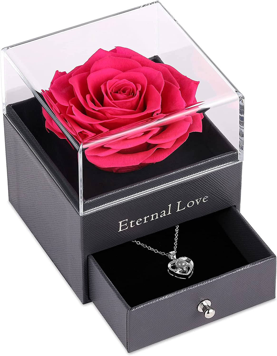 Mothers Day Flower Gifts for Her, Preserved Real Flower Rose with Silver-Tone Heart Necklace I Love You in 100 Languages Gift Set, Enchanted Flower Rose Gifts, Hot Pink