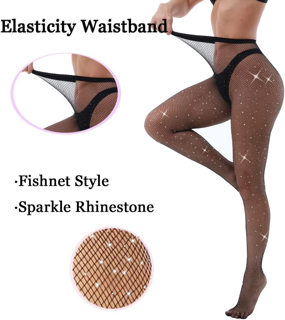 Sexy Sparkly Fishnets Stockings Jeweled High Waist Fishnet Tights for Women Rhinestone Party Pantyhose