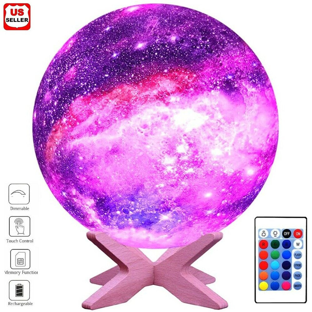 Galaxy Light Lamp, 3D Printed LED 16 Colors RGB Galaxy Lamp, Remote & Touch Control, Dimmable, Color Changing, USB Recharge, Seamless Ambient Night Light Lamp with Wood Stand for Baby Bedrooms