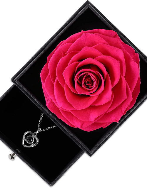 Load image into Gallery viewer, Mothers Day Flower Gifts for Her, Preserved Real Flower Rose with Silver-Tone Heart Necklace I Love You in 100 Languages Gift Set, Enchanted Flower Rose Gifts, Hot Pink
