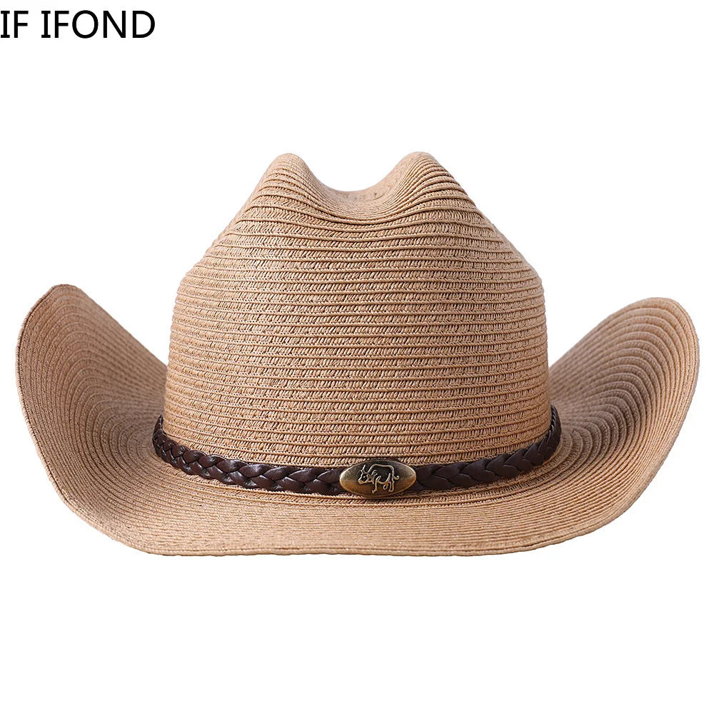 56-58-60CM Big Size Straw Western Cowboy Hat for Men Summer Curling Brim Beach Sun Hats Panama Cowgirl Hats Sombreros De Vaquero