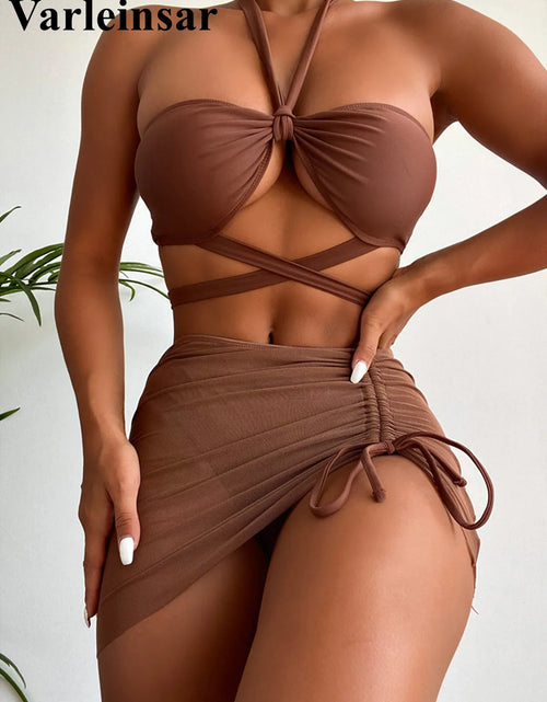 Load image into Gallery viewer, 3 PCS with Skirt Halter Bikini Women Swimwear Female Swimsuit Three-Pieces Padded Bikini Set Bather Bathing Suit Swim Lady V3486
