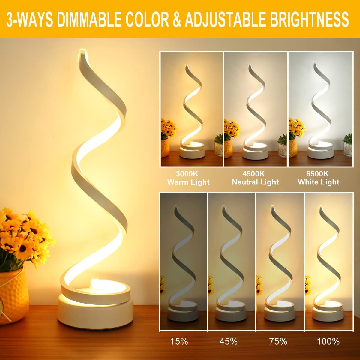 Modern Table Lamp Set of 2, Dimmable Spiral Table Lamps for Nightstand, 12W LED Desk Lamp 3 Color 10 Brightness Level Bedside Lamps Desk Light Office Lamp for Bedroom, Living Room (White)