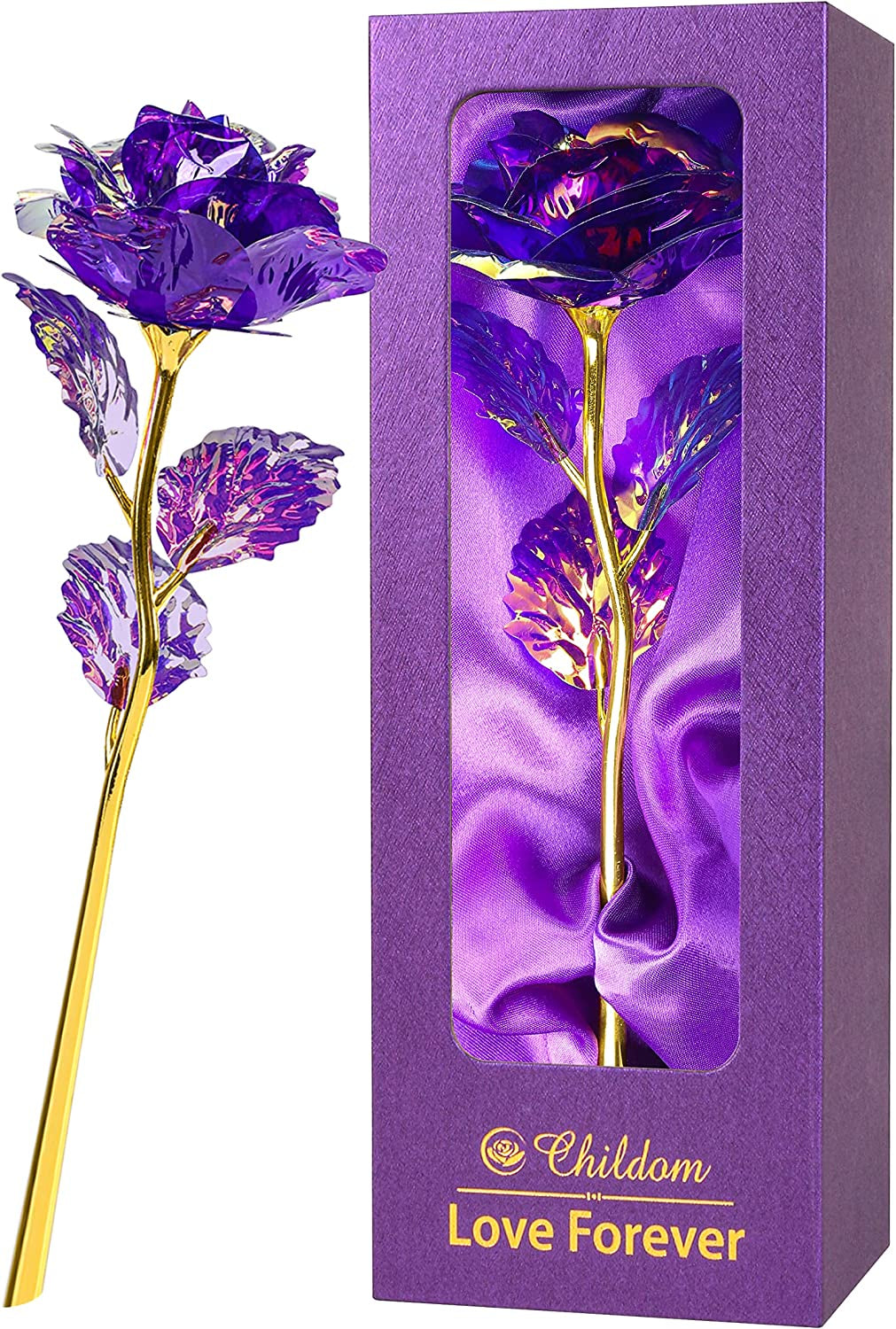 Purple Colorful Rose Flower Present Golden Foil with Luxury Gift Box Great Gift Idea for Valentine'S Day, Mother'S Day, Thanksgiving Day, Christmas, Birthday, Anniversary