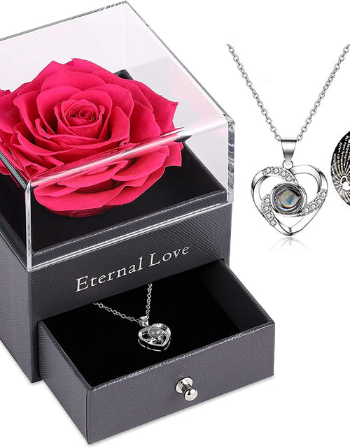 Load image into Gallery viewer, Mothers Day Flower Gifts for Her, Preserved Real Flower Rose with Silver-Tone Heart Necklace I Love You in 100 Languages Gift Set, Enchanted Flower Rose Gifts, Hot Pink
