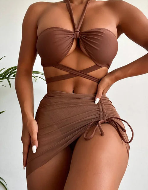 Load image into Gallery viewer, 3 PCS with Skirt Halter Bikini Women Swimwear Female Swimsuit Three-Pieces Padded Bikini Set Bather Bathing Suit Swim Lady V3486
