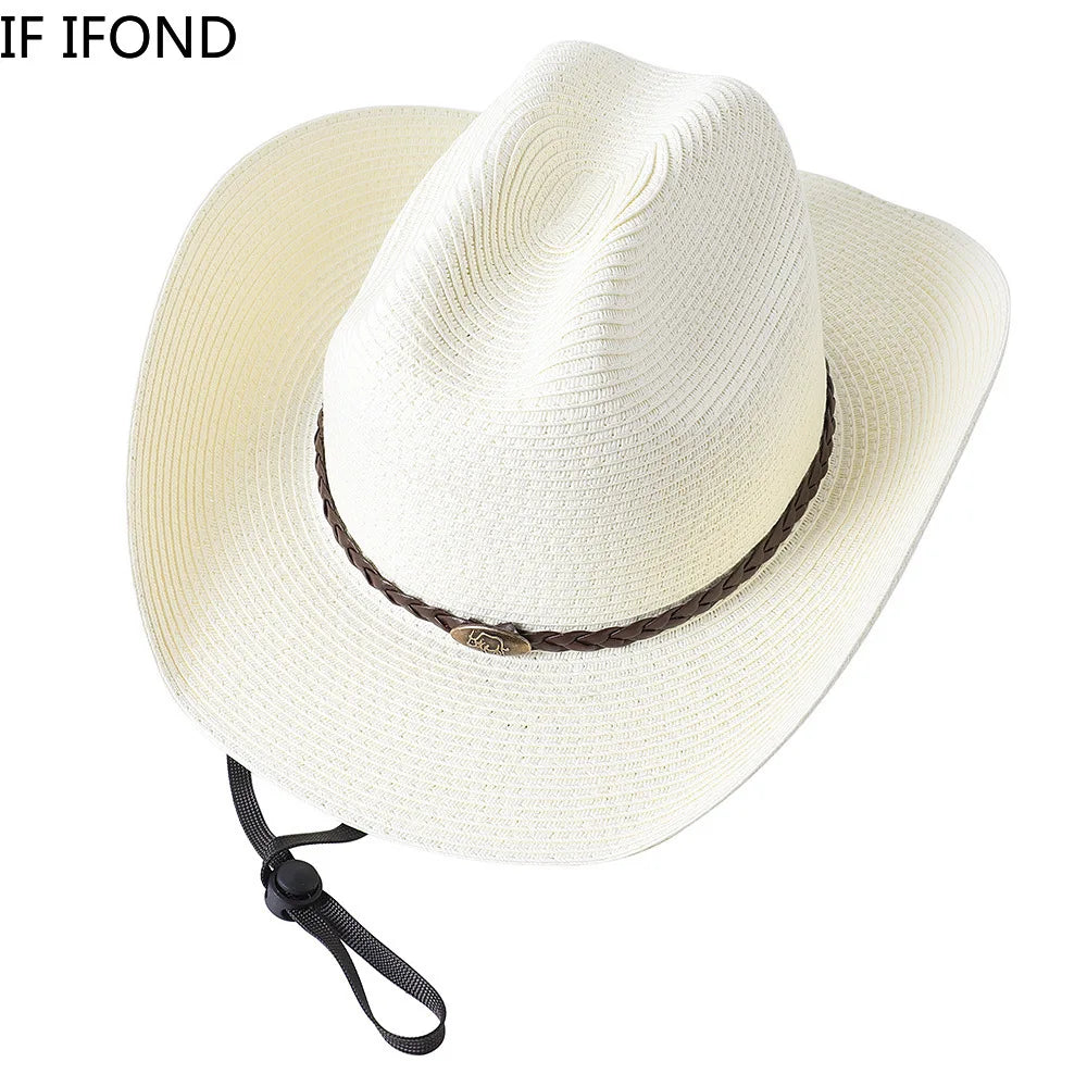 56-58-60CM Big Size Straw Western Cowboy Hat for Men Summer Curling Brim Beach Sun Hats Panama Cowgirl Hats Sombreros De Vaquero